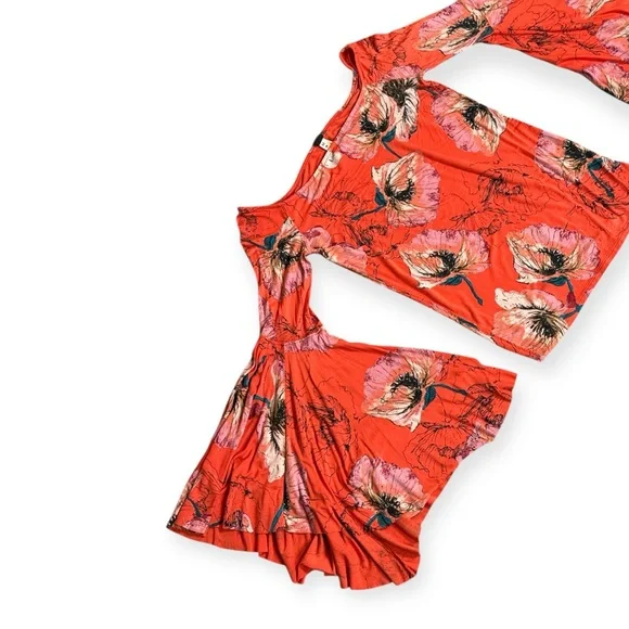FREE PEOPLE WE THE FREE ORANGE FLORAL OFF THE SHOULDER BELL SLEEVE FITTED TOP - Picture 10 of 15